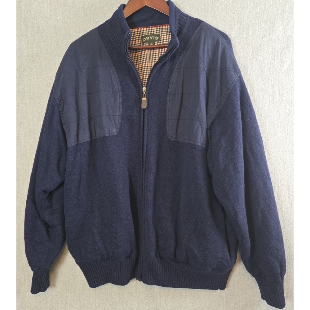 Orvis Wool Sweater Hunting Jacket Mens XL Full Zip Lined Navy Retro Old Money